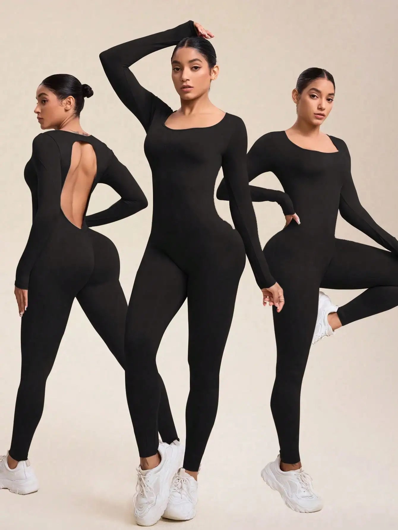Women Long Sleeve Sexy Backless Bodycon Jumpsuit Romper with Scrunch Butt V Back Workout Playsuit Bodysuit