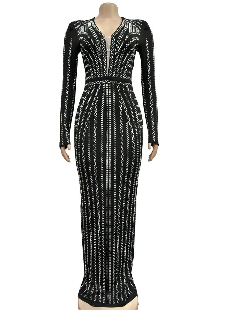 Red Rhinestone Evening Gown Long One Piece Dress Glam Party