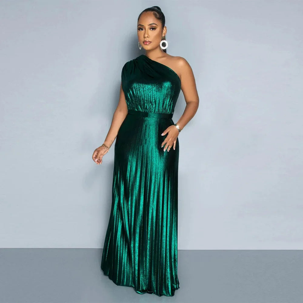 One Shoulder Metallic Pleated Maxi Dress Evening Gown