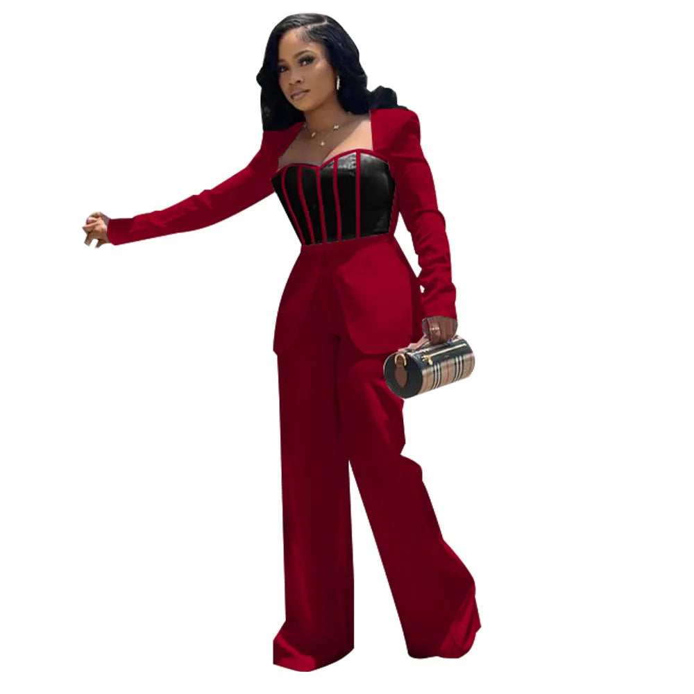 Women Long Sleeve Patchwork Romper Jumpsuit with Waist Cincher Wide-Leg Pants Elegant Office and Party Playsuit