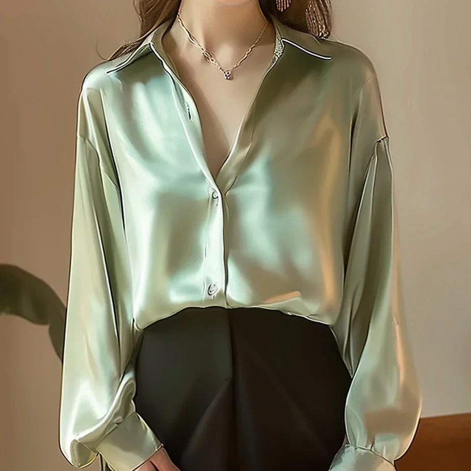 Elegant Satin Long Sleeve Women's Shirt Slim Fit Casual Office Blouse Stylish Autumn Top