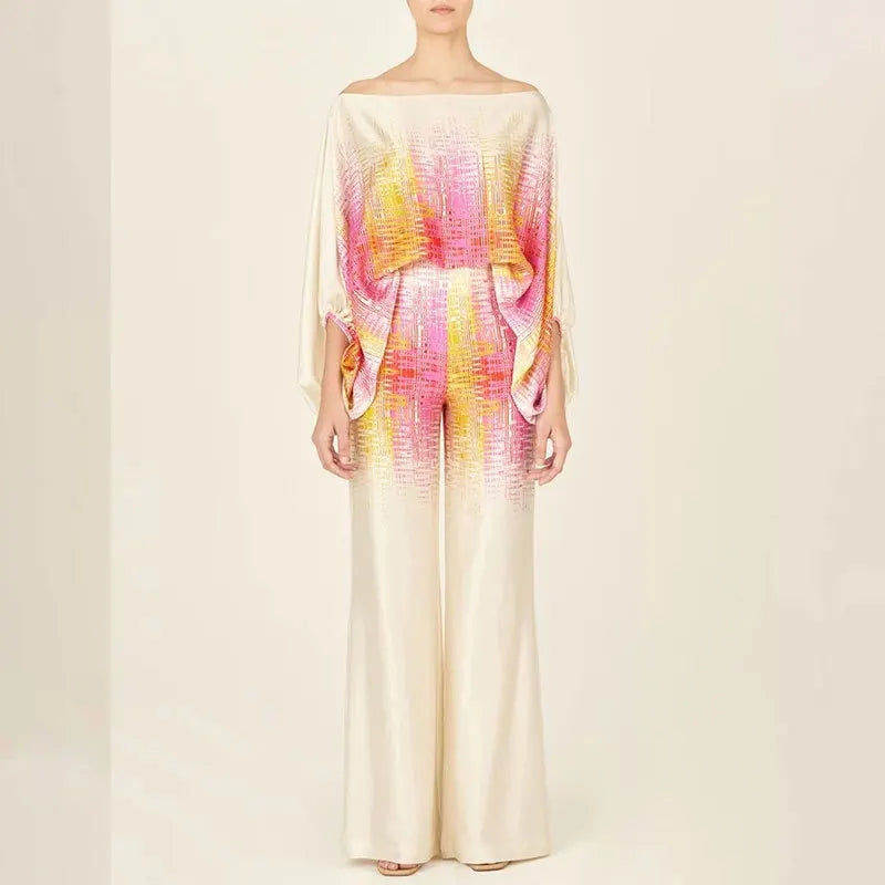 Women's Off Shoulder Satin 2-Piece Set with Lantern Sleeve Top and Wide Leg Pants for Elegant Office Wear