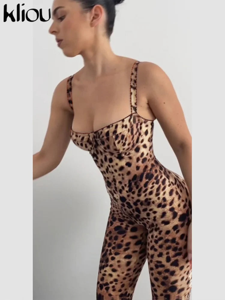 Leopard Print Women Jumpsuit Sexy Low Neck Spaghetti Strap Skinny Fit Clubwear Overalls