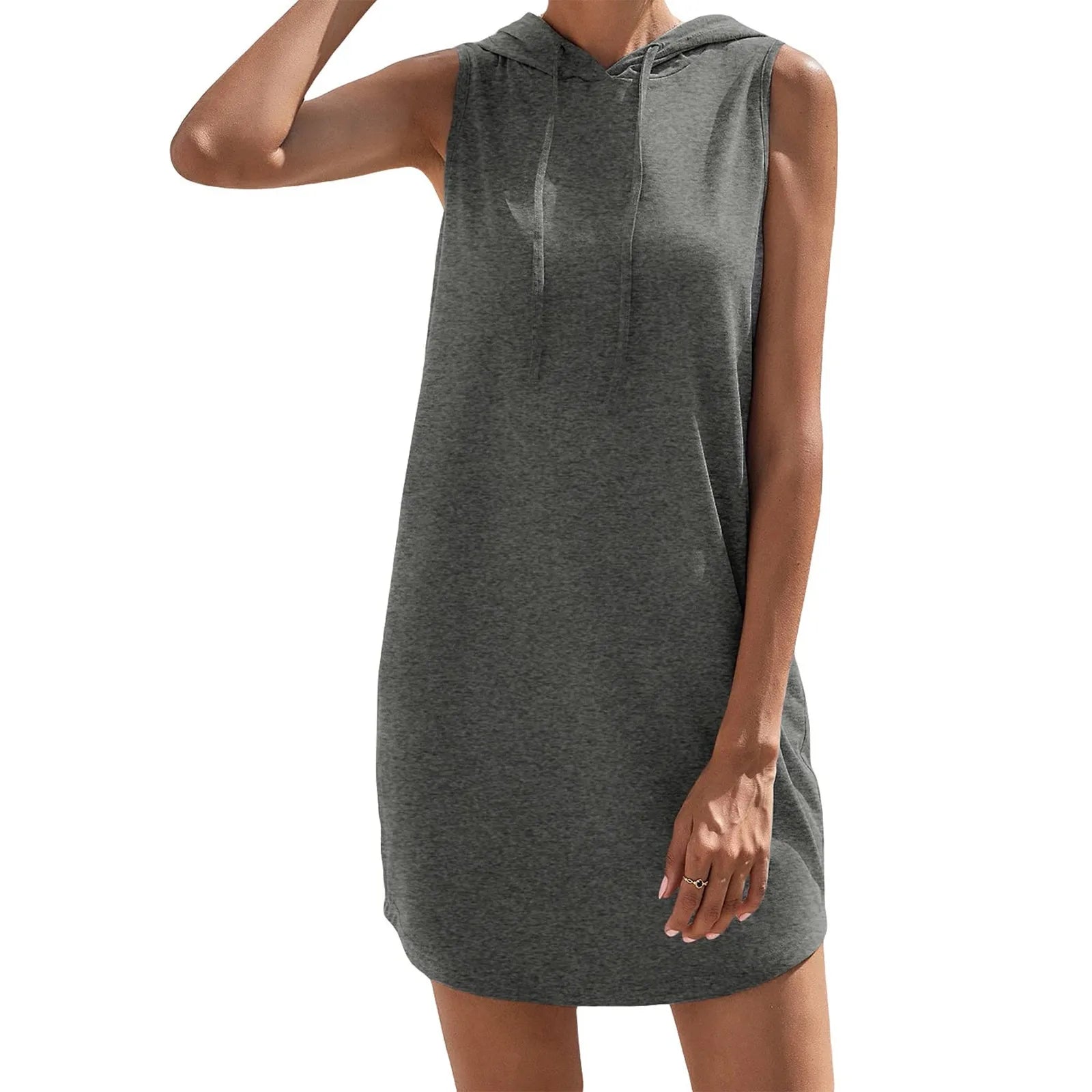 Womens Sleeveless Hoodie Dress With Drawstring Streetwear