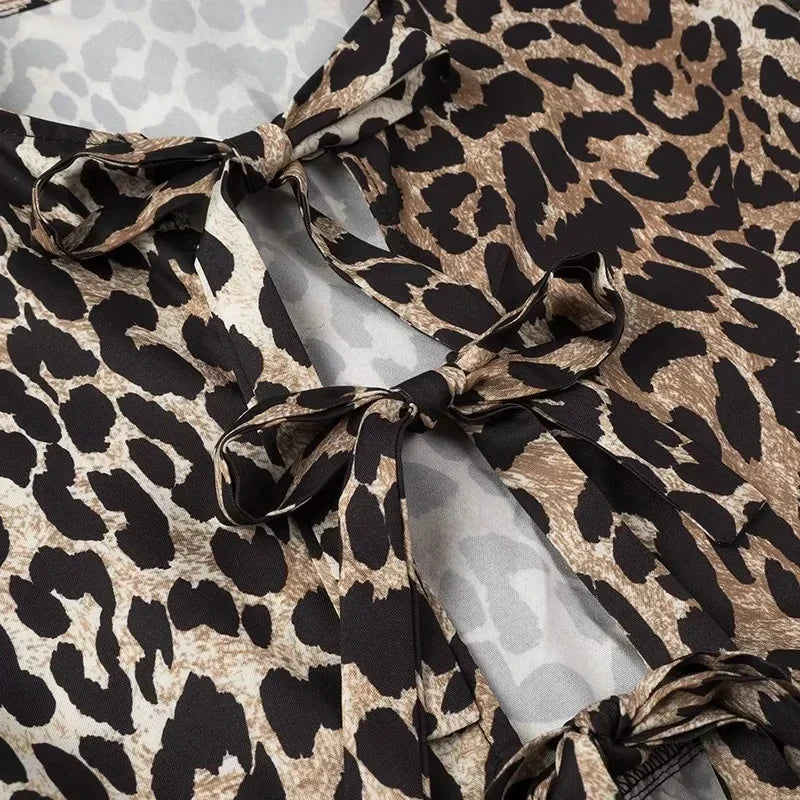 Women's Leopard Print Lace-Up Vintage Blouse Casual Loose Fit Y2K Chic Shirt