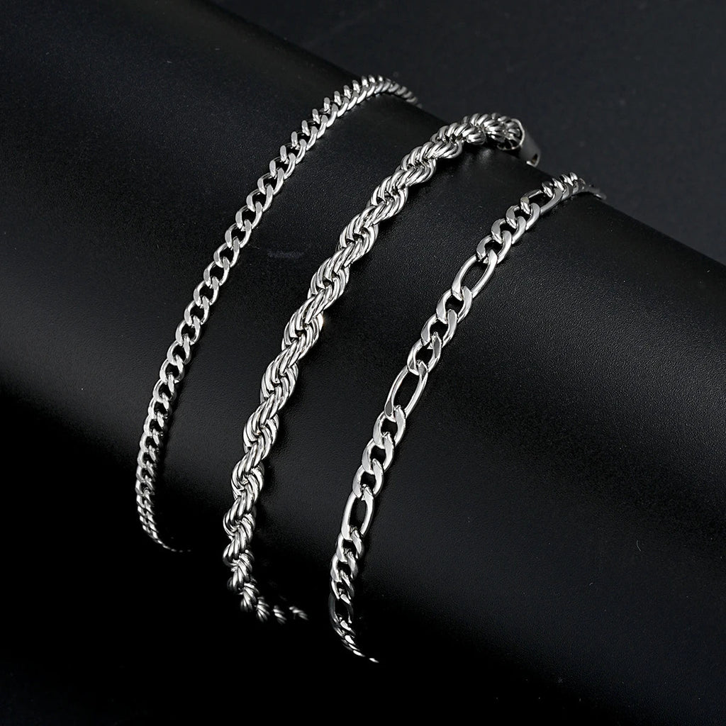 3 Piece Stainless Steel Cuban Chain Bracelet Set for Men Minimalist Silver Hip Hop Fashion Jewelry Gifts