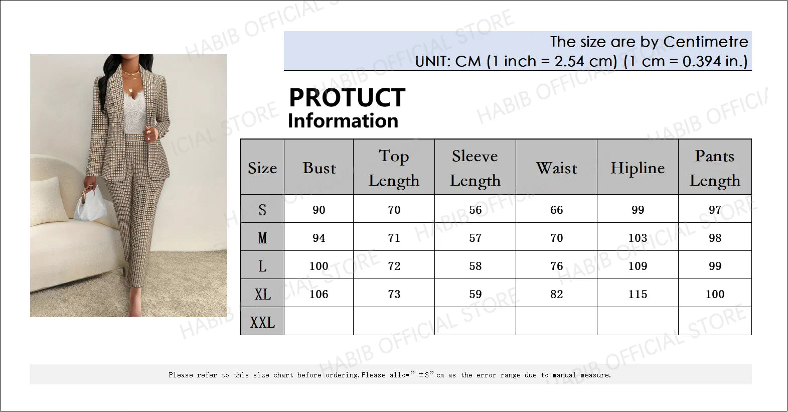 2 PCS Women Elegant Plaid Waistcoat and High Waist Slim Pant Set with Double Breasted Blazer and Long Sleeve Top for Office and Autumn Wear