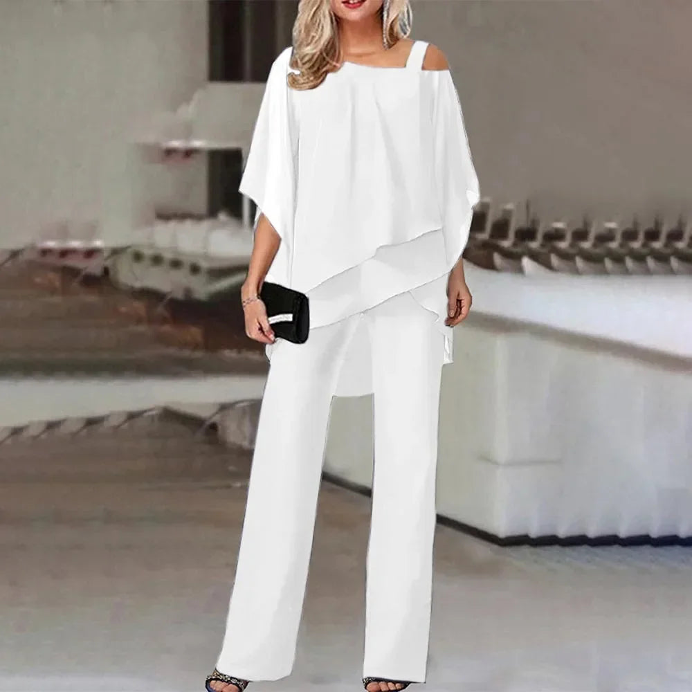 Fashionable Women's Two Piece Set with Bat Sleeve Top and Wide Leg Pants for Casual Parties
