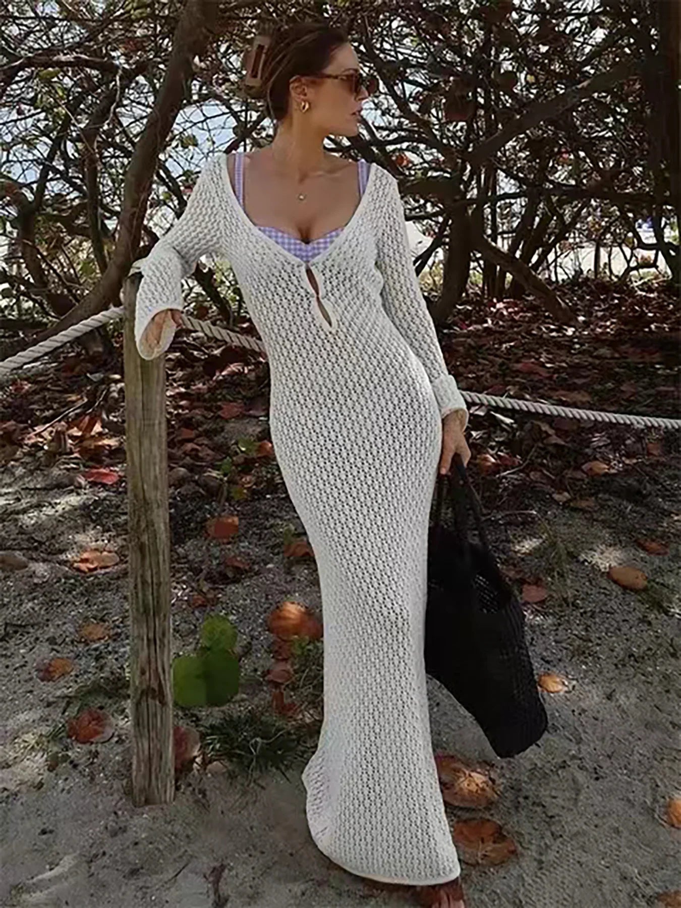 Hollow Knitted Beach Dress Swimsuit Cover Up Solid Color