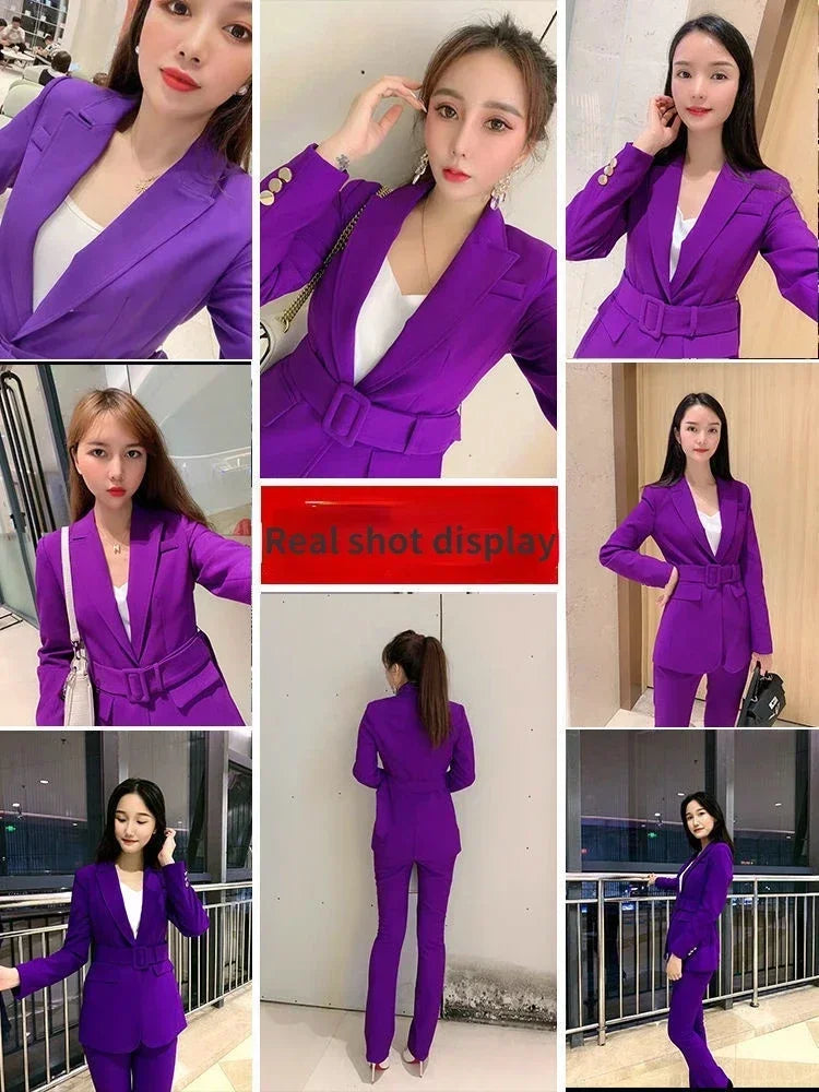 Women's Purple Pantsuit Set With Belt Blazer And Pants