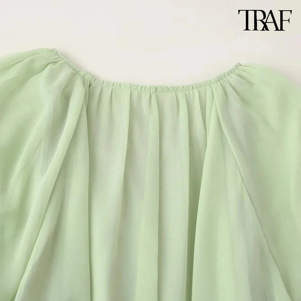 Boho Beach Dress With Round Neck Ruffle Trim Long Sleeve