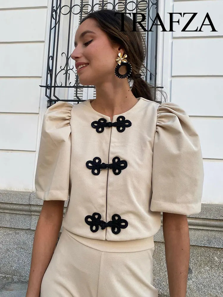 Women's Summer 2-Piece Set Solid Color Puff Sleeve Shirt and Zipper Mid-Rise Street Pants