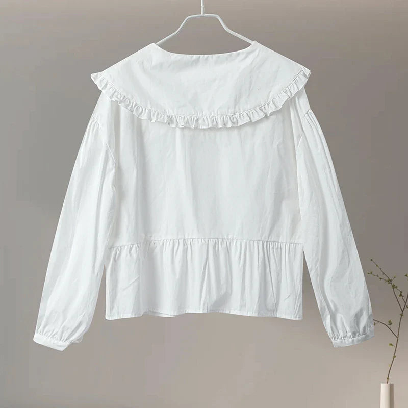 Women's Sweet Solid White Blouse with Front Bow Lace-Up Long Sleeves Elegant Casual Summer Top