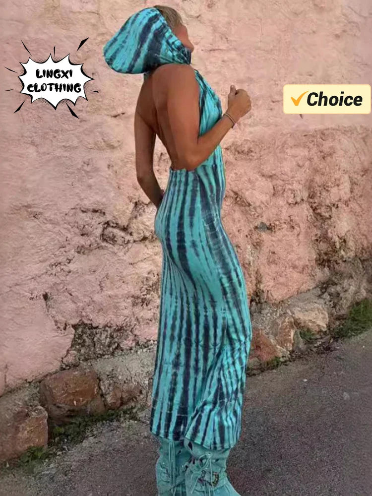 Open Back Maxi Dress Hooded Tie Dye Ethnic Style Chic