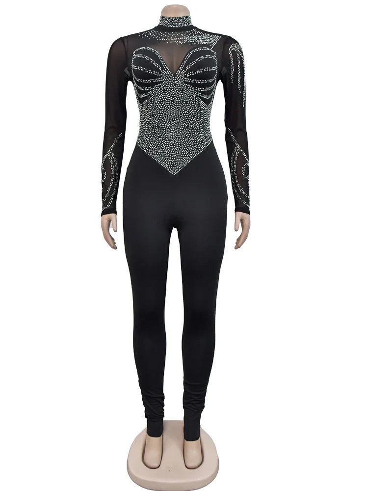 Women's Sheer Mesh Crystal Jumpsuit with Pearls and Rhinestones Long Sleeve Fitted Glam Romper Clubwear One-Piece Outfit