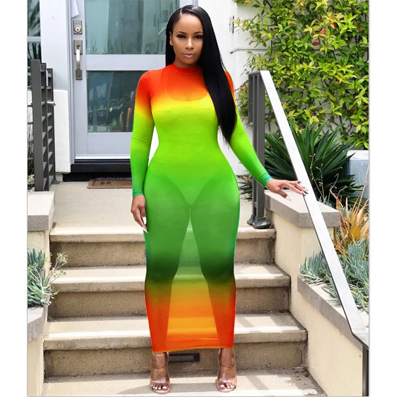 Rainbow Gradient Sheer O Neck Dress For Clubwear Nights