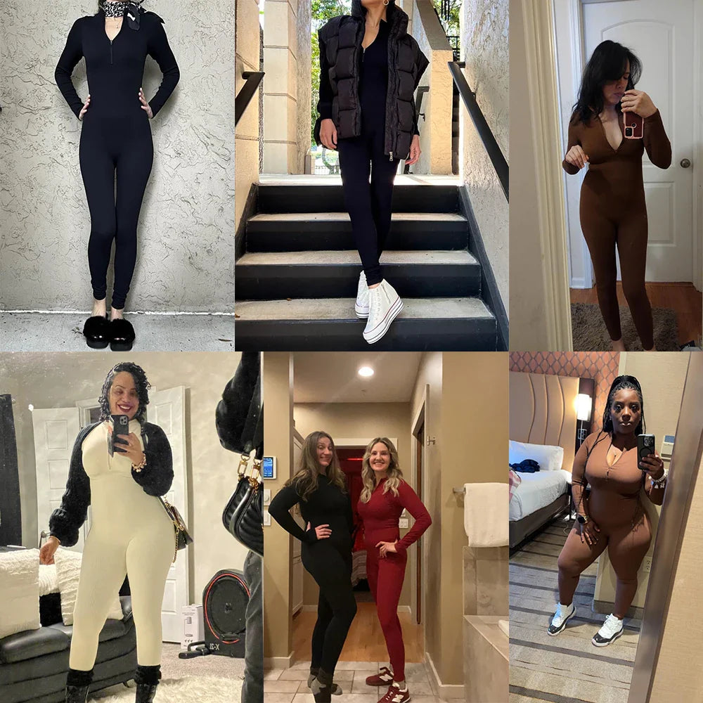 Women's Bodycon Jumpsuit Casual Fitness Rompers with Zipper Slim Fit Bodysuit Streetwear Activewear for Autumn and Winter