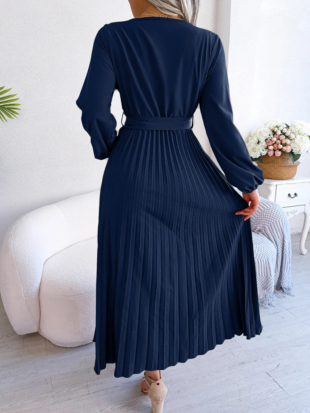 Elegant Surplice Neck Pleated Maxi Dress With Belt Flair