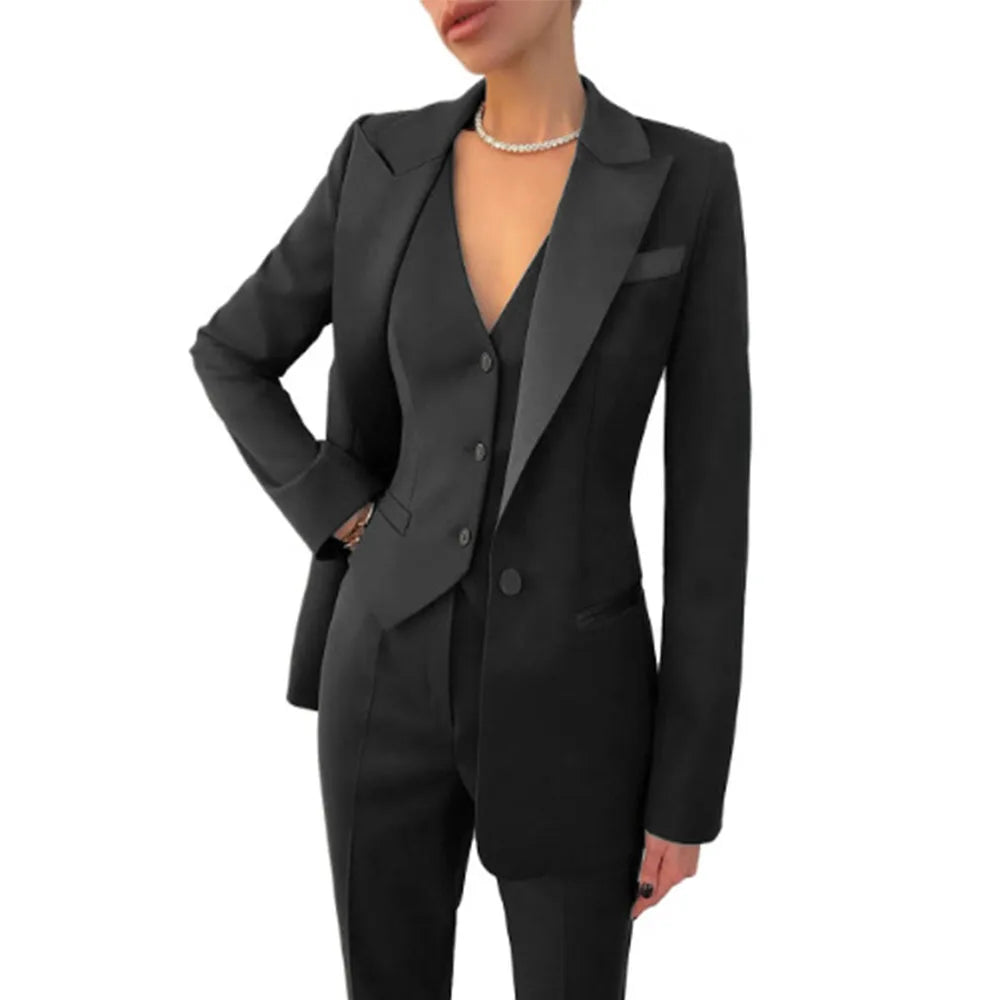 Black Women's 3 Piece Suit Set Blazer Vest Pants for Office