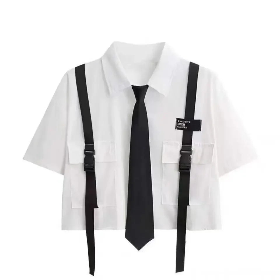 Casual Streetwear Cargo Pants Set with Chain and Harajuku Style Shirt for Women - Two Piece Loose Joggers and Blouse Outfit in Black and White