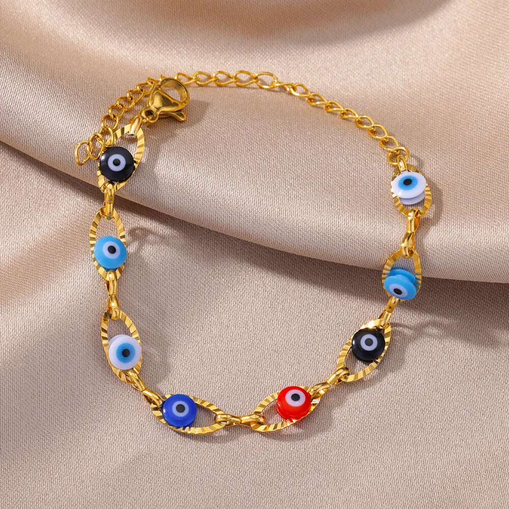 Gothic Rainbow Evil Eye Bracelet for Women Stainless Steel Gold Color Turkish Charm Chain Jewelry