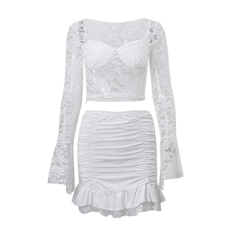 Elegant Y2K Lace See-Through Long Sleeve Crop Top with Ruched Slim Skinny Mini Skirt Two-Piece Set for Women