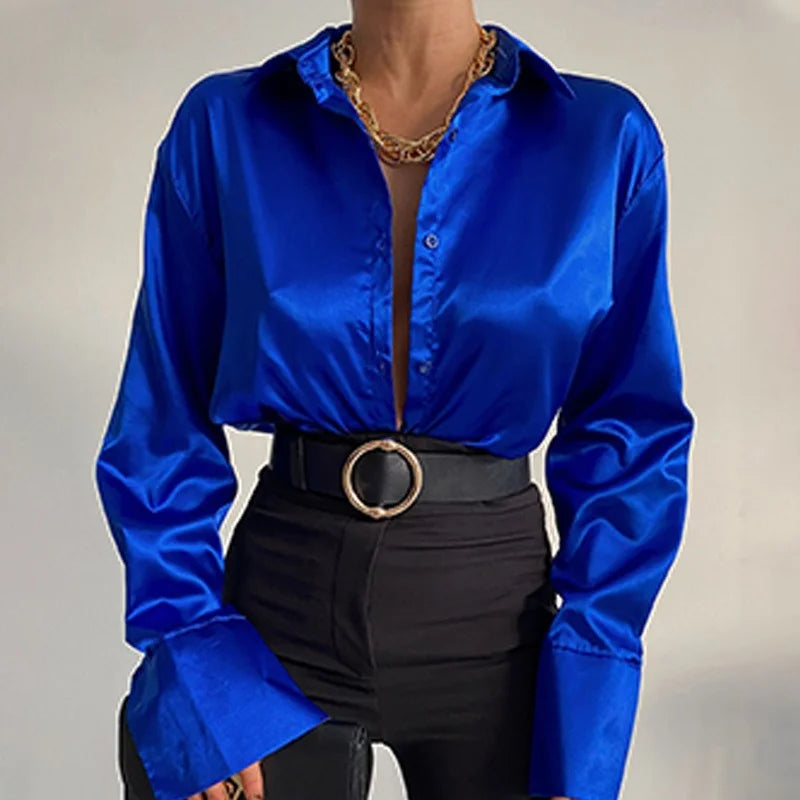 Elegant Satin Blouse for Women Long Sleeve Solid Color Silk Shirt Casual Blue Vintage Office Top