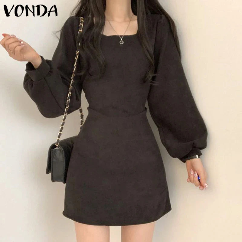 Women Square Collar Mini Dress Summer Sundress Chic