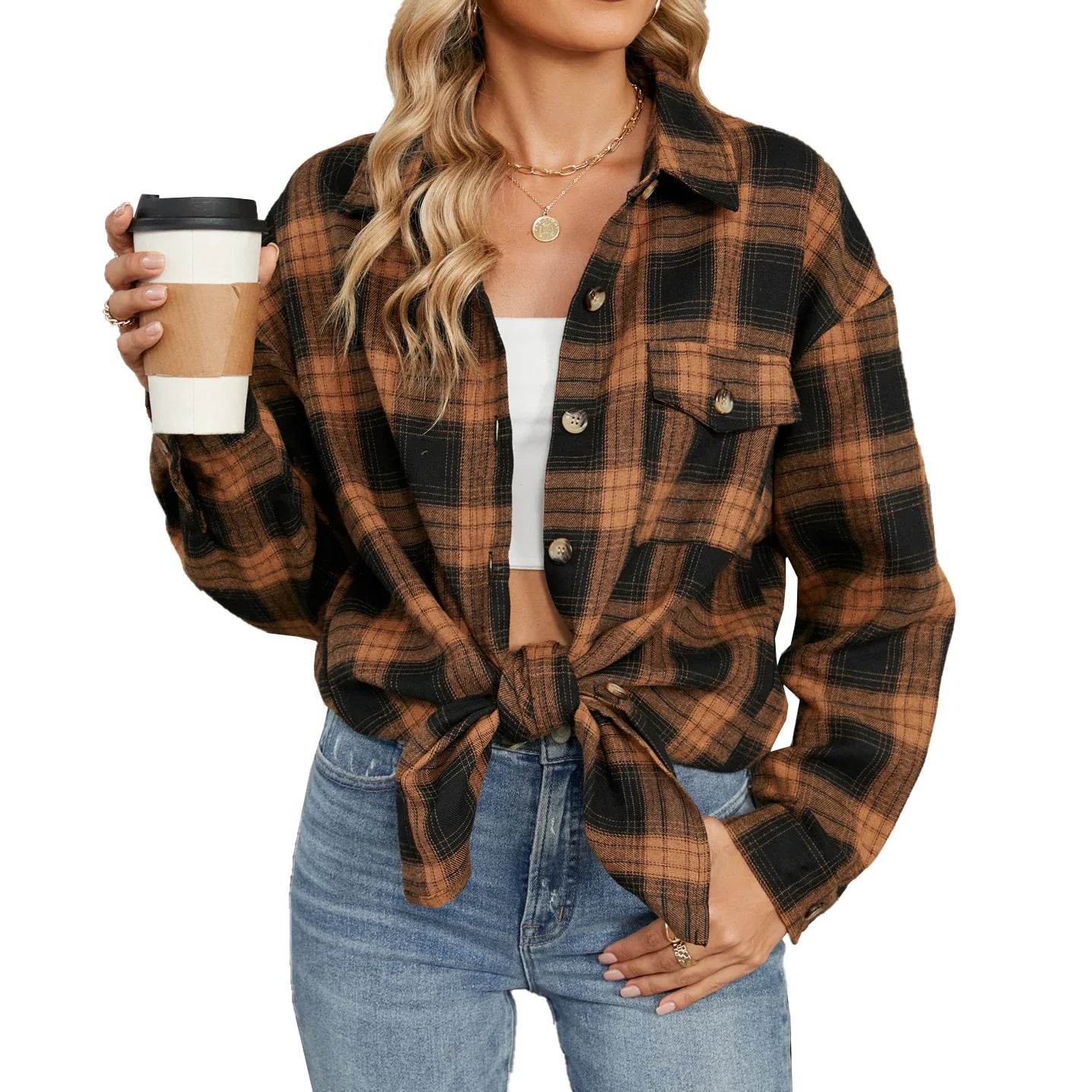 Women's Casual Plaid Button Up Blouse Long Sleeve Turn Down Collar Shacket Plus Size Loose Fit Streetwear Top