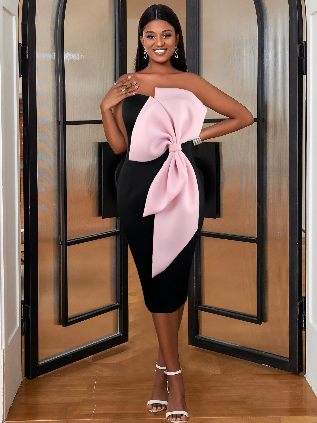 Bodycon Midi Party Dress Tube Top Black Pink Bow Patchwork