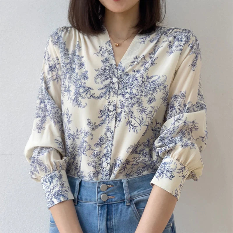 Women 100 Percent Mulberry Crepe Silk Shirt White Floral Button Down Long Sleeve Blouse Elegant Office Top M L XL