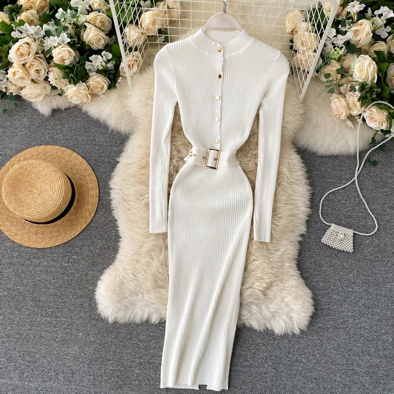 Womens Winter Knitted Dress Stand Collar With Sash Belt
