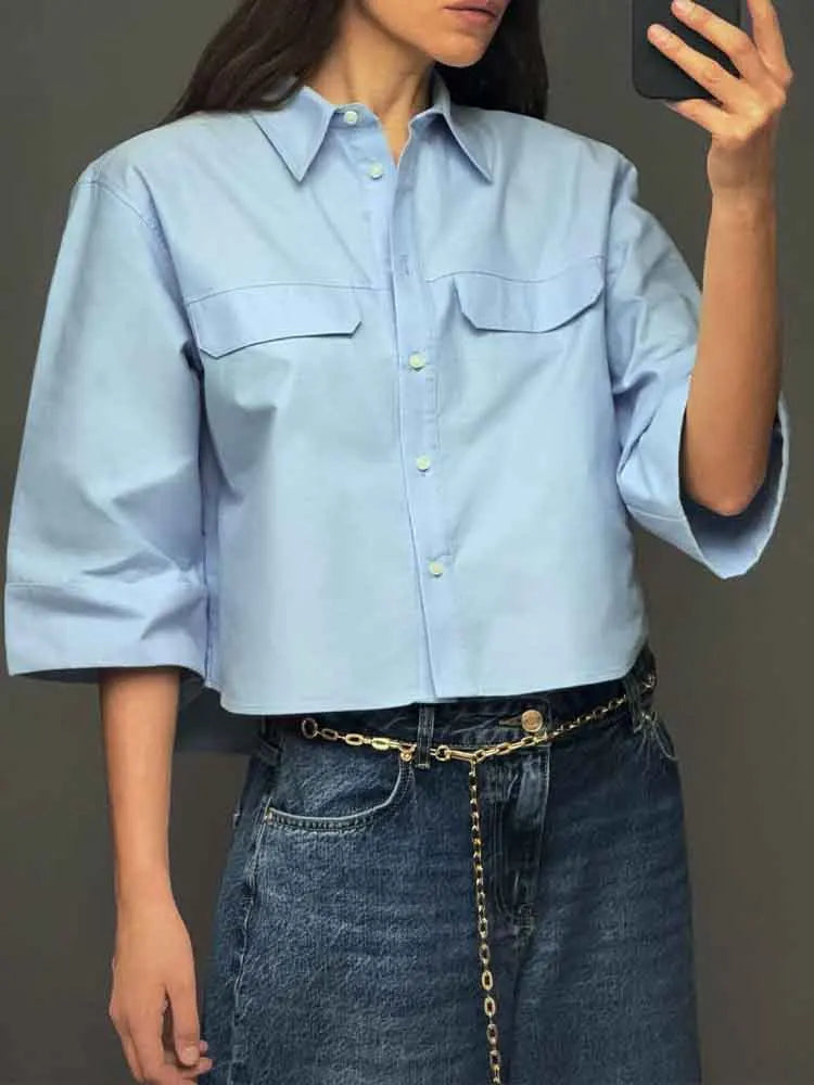 Women's Basic Short-Sleeved Lapel Shirt Simple Fashion Versatile Casual Top