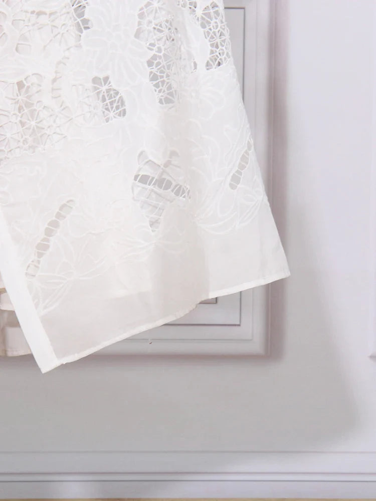 Patchwork Lace Hollow Dress Belted Lantern Sleeve For Women