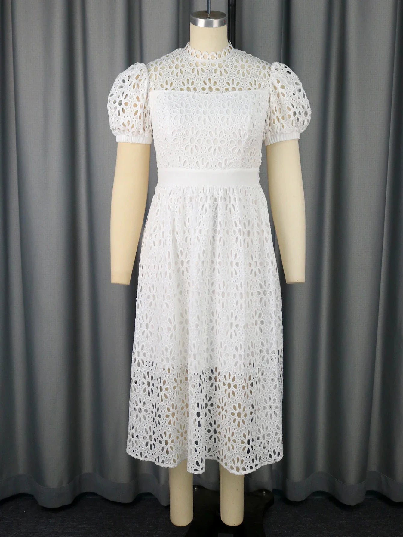 White Lace Dress Mock Neck Puff Sleeve A Line Evening Gown