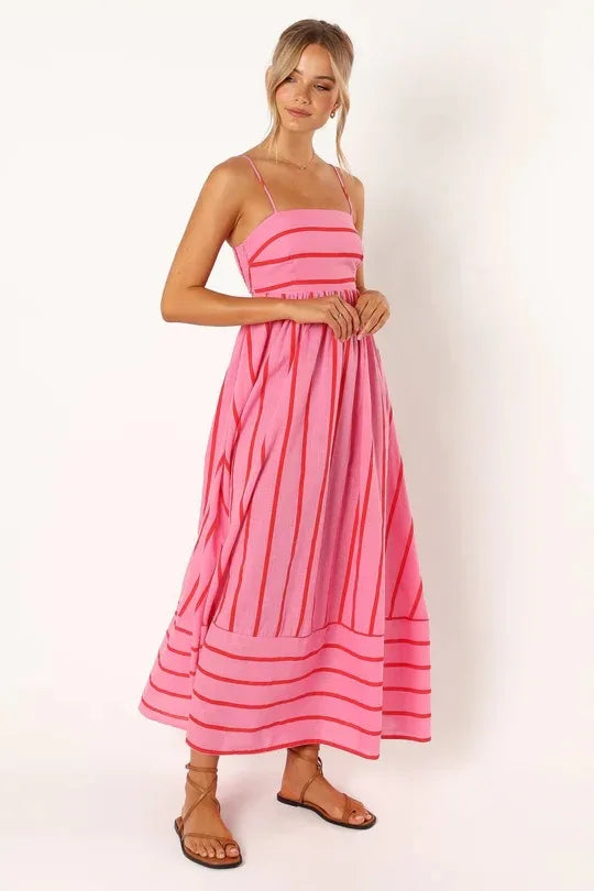 Bohemian Striped Maxi Dress With Hanging Straps For Women
