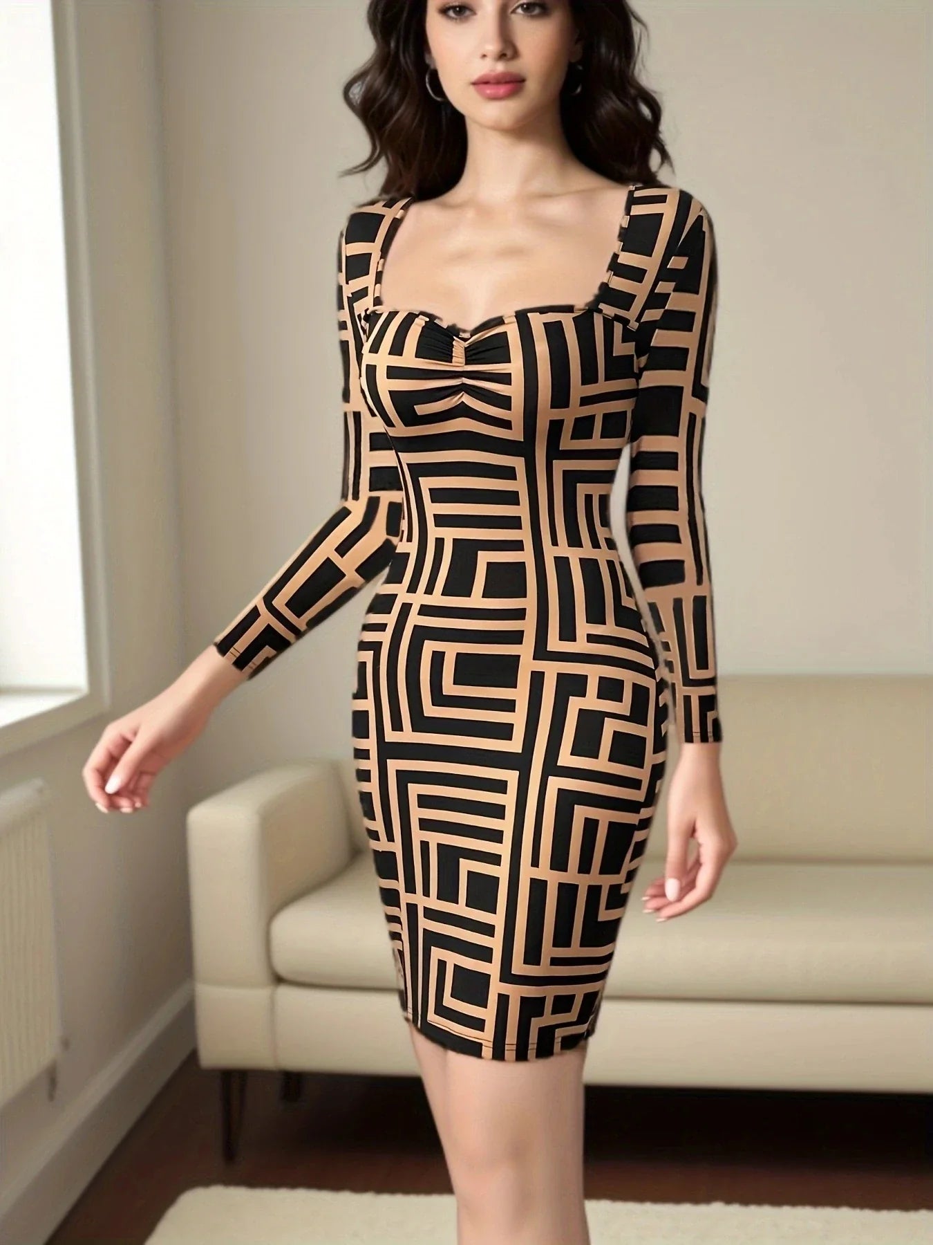 Casual Long Sleeve Random Print Wrap Dress Belted Waist