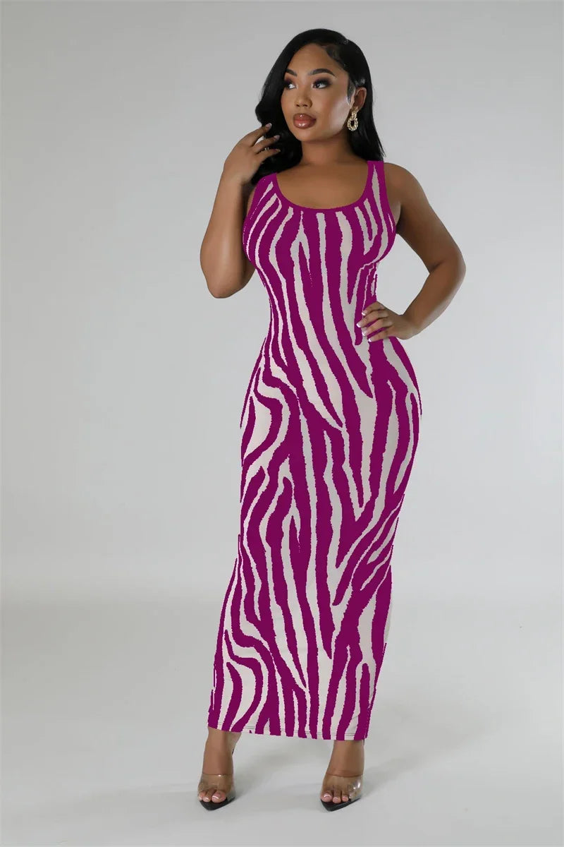 Zebra Print Bodycon Maxi Dress Ruched Sleeveless Party