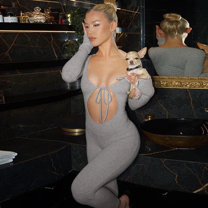 Solid V Neck Long Sleeve Hollow Out Lace Up Sexy Bodycon Jumpsuit Women's Fashion Streetwear Sporty Romper Overalls for Fall