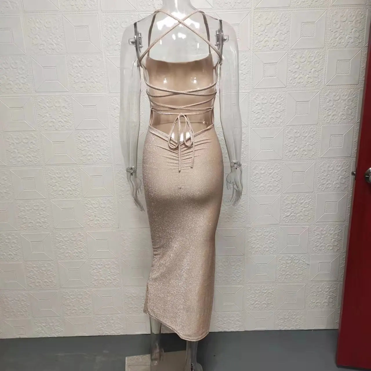 Backless Square Neck Wrap Dress With Slit In Solid Color