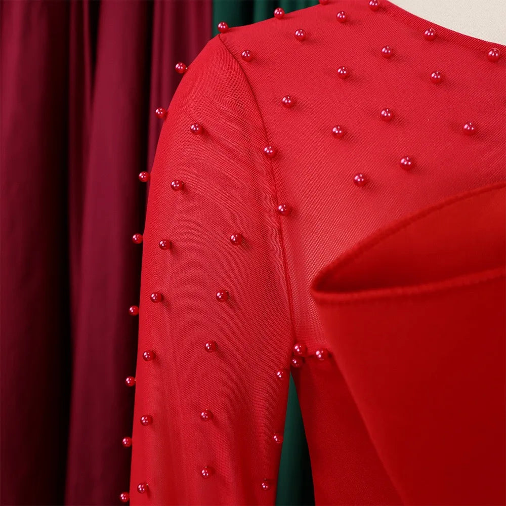 Elegant High Waisted Jumpsuit for Women with Round Neck Beaded Detail and Transparent Sleeves Perfect for Birthday Parties and Special Occasions