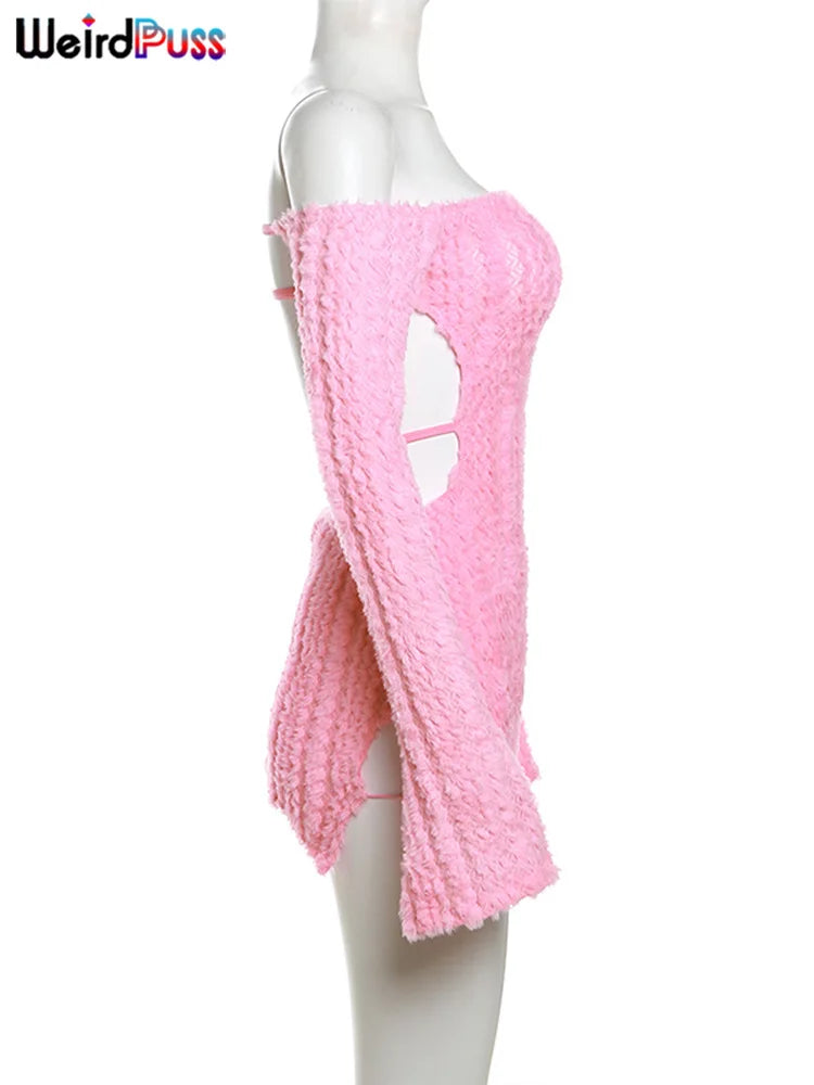 Backless Knit Bodycon Dress Women Slash Neck Chic Elegant