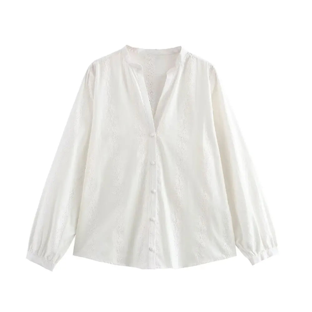 Womens Long Sleeve Cutwork Embroidery Shirt Chic Blouse with Front Covered Buttons Elegant Fashion Top