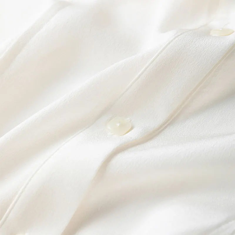 Women 100 Percent Mulberry Crepe Silk White Blouse Lantern Sleeves Bow-Tie Hem Loose Fit Office Top