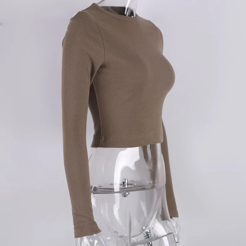 O Neck Long Sleeve Ribbed Crop Top for Women Casual Slim Fit T Shirts in Black and White