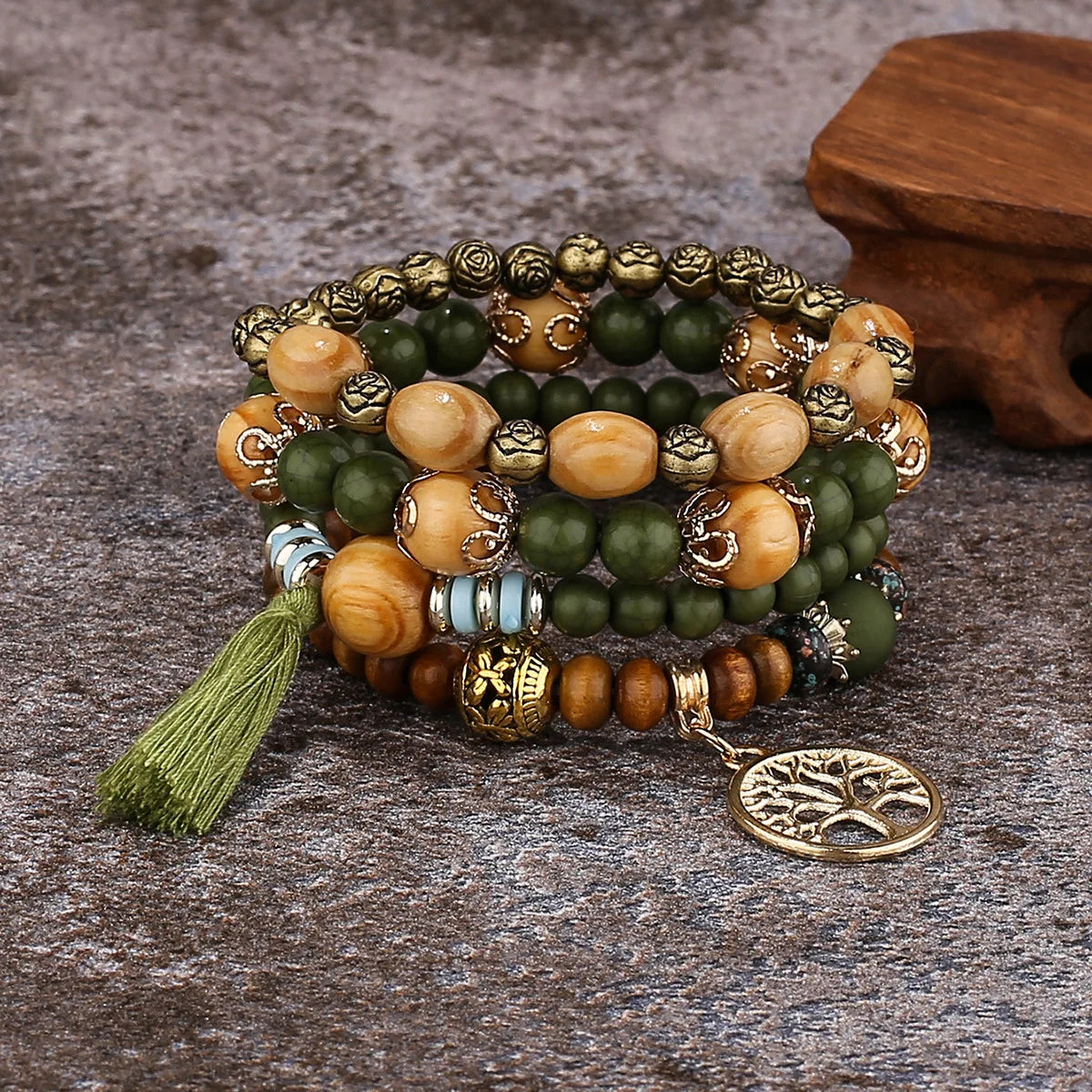 4Pcs Bohemian Tree Of Life Charm Beaded Bracelet Set Handmade Wood Beads Bangle Jewelry for Women