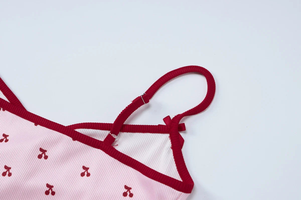 Cherry Print Two-Piece Matching Set with Slim Crop Camisole Top and Bow-Accent Shorts Summer Casual Festival and Workout Outfit for Women