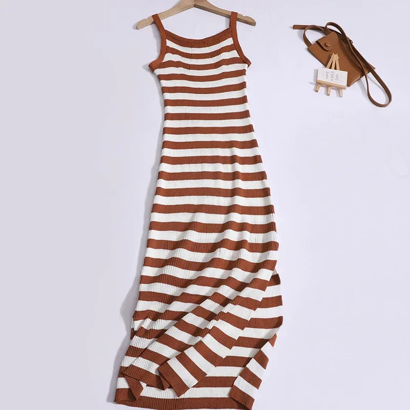 Striped Knit Slip Dress With Slim Waist For Summer Chic