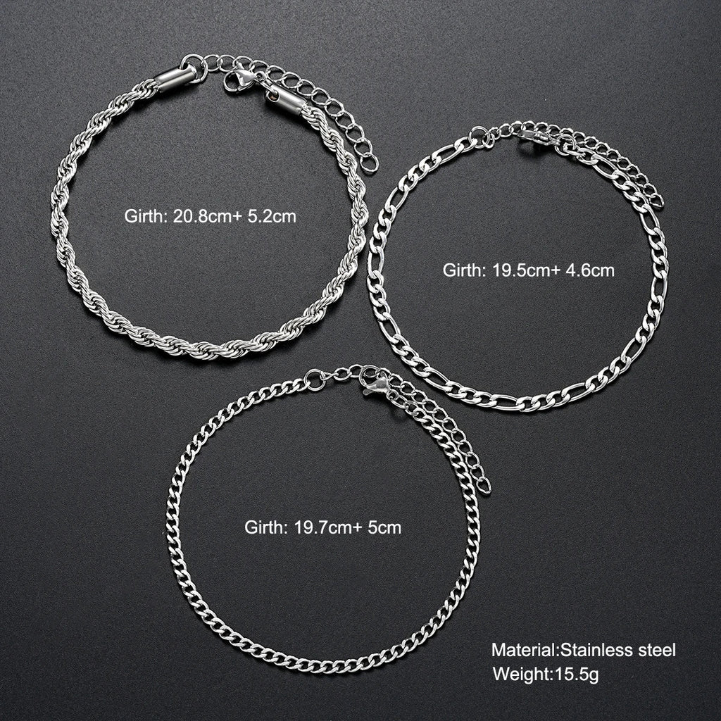 3 Piece Stainless Steel Cuban Chain Bracelet Set for Men Minimalist Silver Hip Hop Fashion Jewelry Gifts