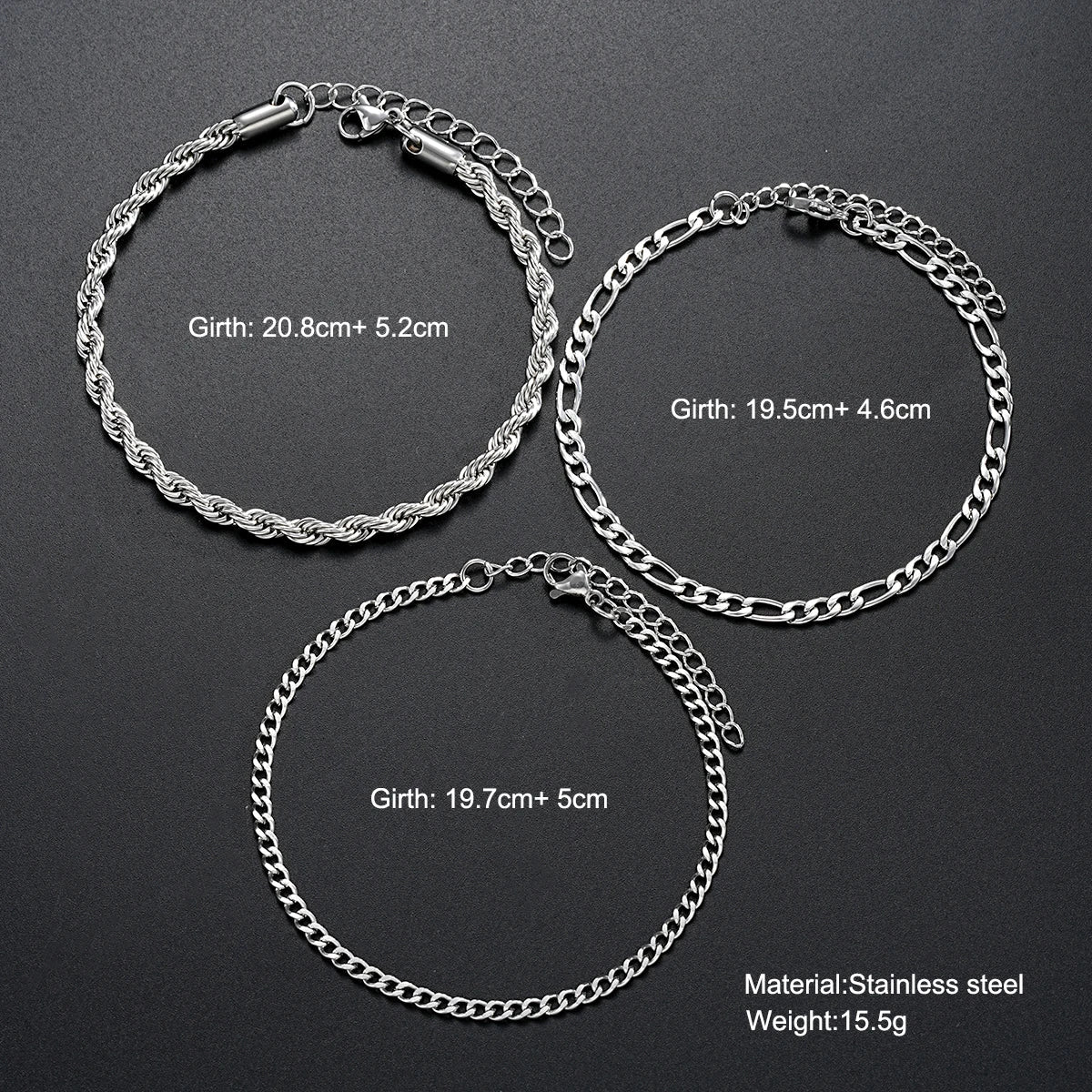 3 Piece Stainless Steel Cuban Chain Bracelet Set for Men Minimalist Silver Hip Hop Fashion Jewelry Gifts